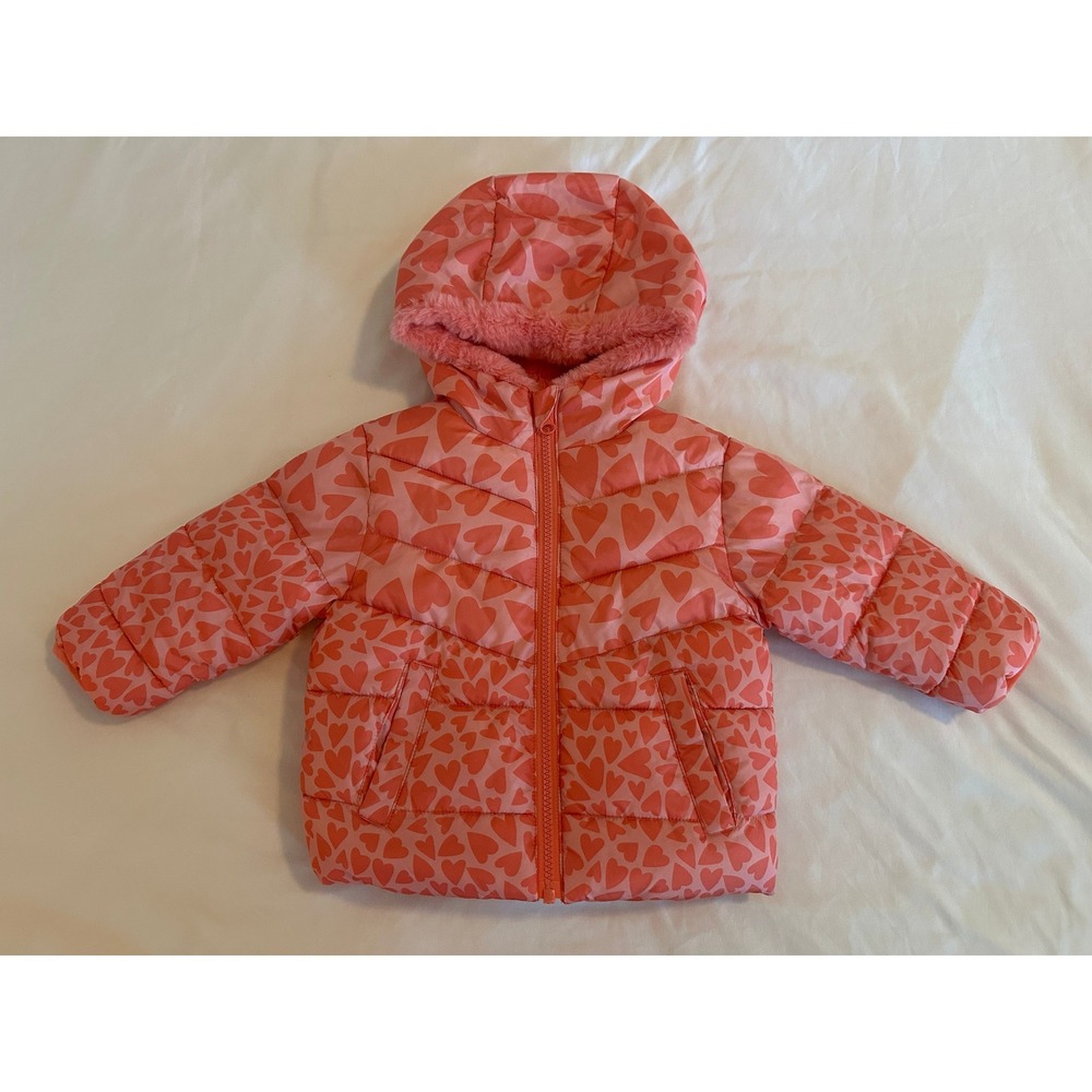 Swiss‎ Tech Baby Girls Pink Heart Print Puffer Jacket Faux Fur Lined Hooded 12M